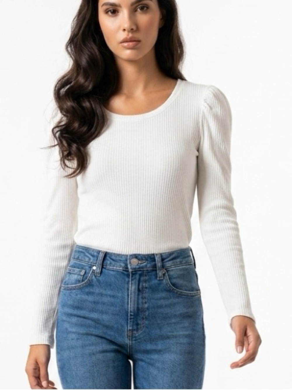 Philosophy Cream Ribbed Scoop Neck Sweater with puff sleeves